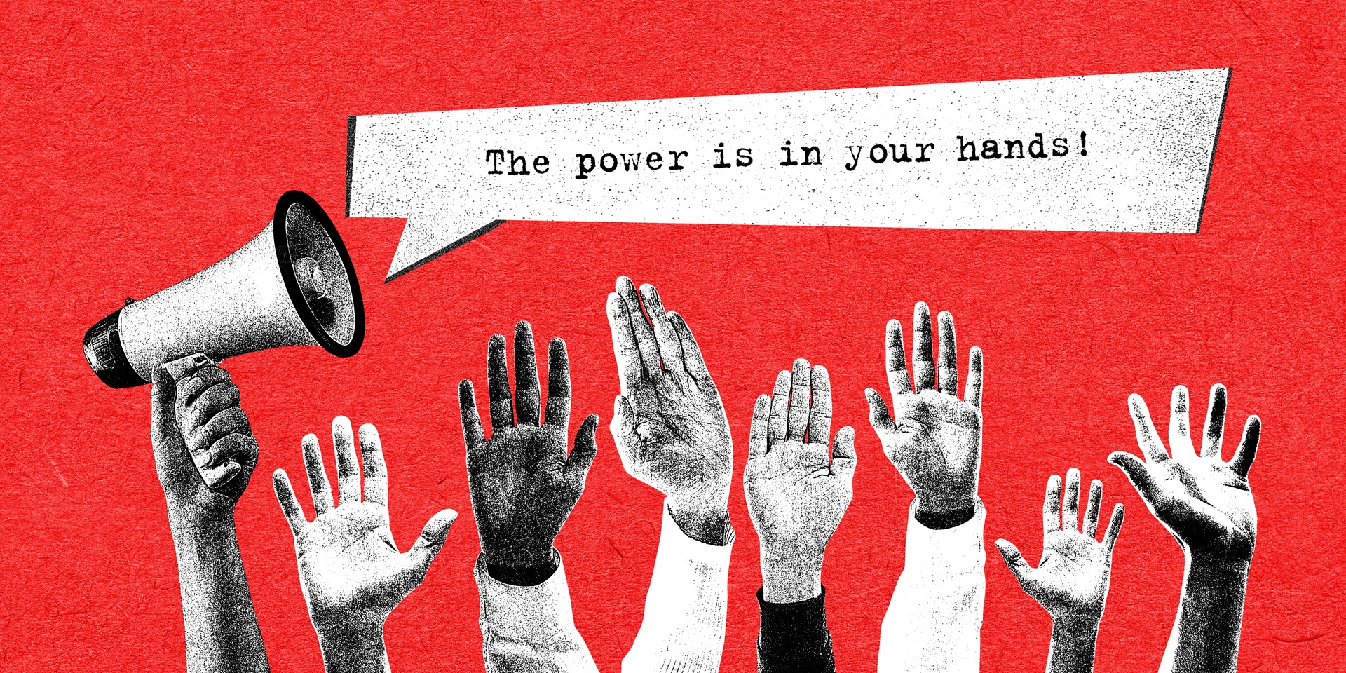People raising hands over red background. Voting. Choosing candidate to rule country. Responsibility. Contemporary art collage. Election day. Poster